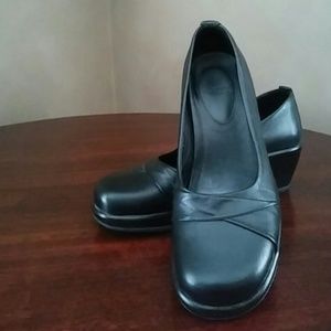 Dansko Black Leather Slip On Wedge Pump